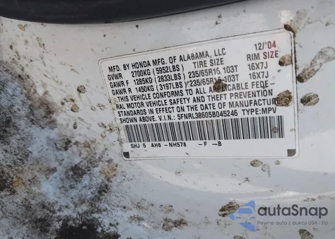 2005 Honda Odyssey Ex-L из США, поврежденный, VIN 5FNRL38605B045246